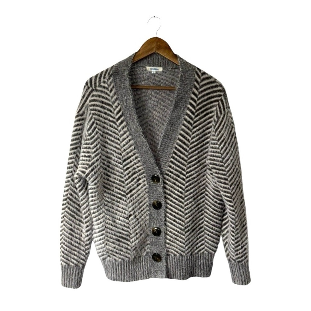Cocobleu Eyelash Cardigan Sweater Stripes Grey Purple Brown Cozy Size Medium